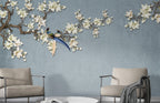 Magnolia Branch Birds Wallpaper : Blue Textured Floral Mural - View 3