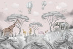 Pink Safari Wallpaper : Giraffe and Elephant Kids Mural - View 2