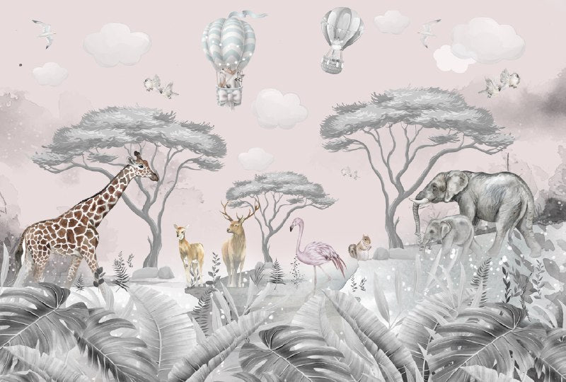 Pink Safari Wallpaper : Giraffe and Elephant Kids Mural - View 2