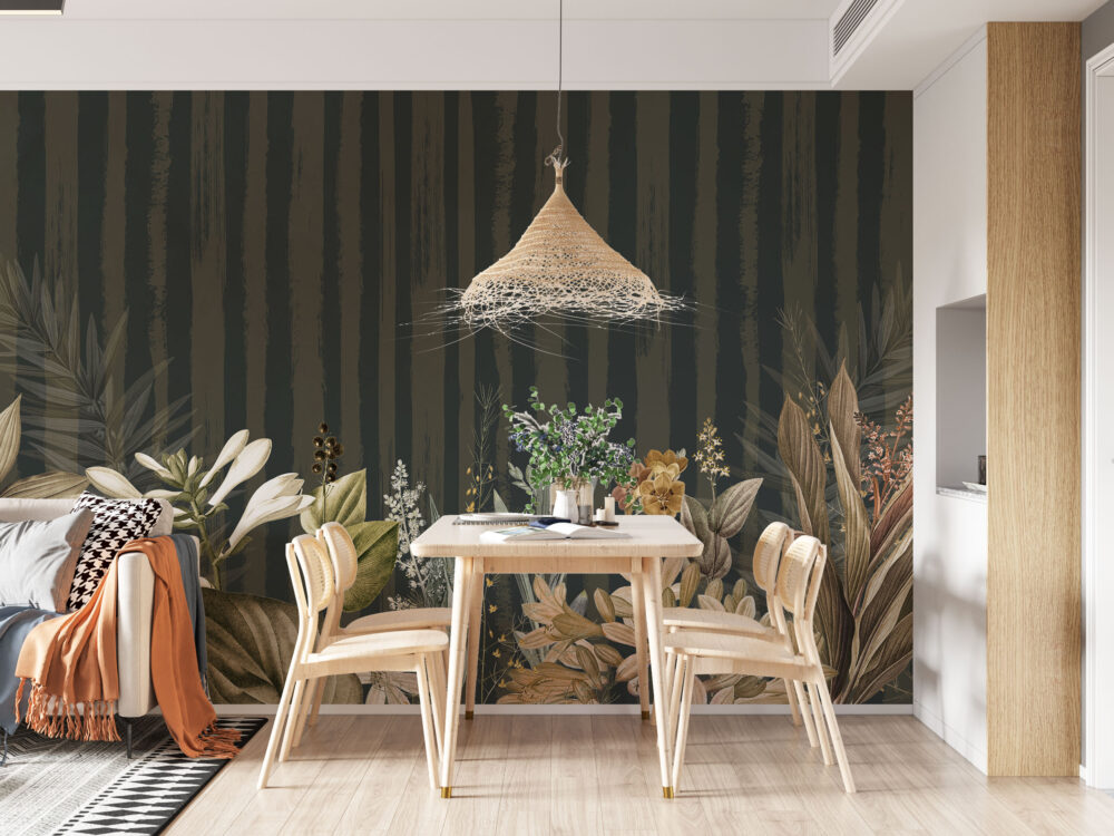 Dark Botanical Stripe Wallpaper : Wildflower Forest Mural
