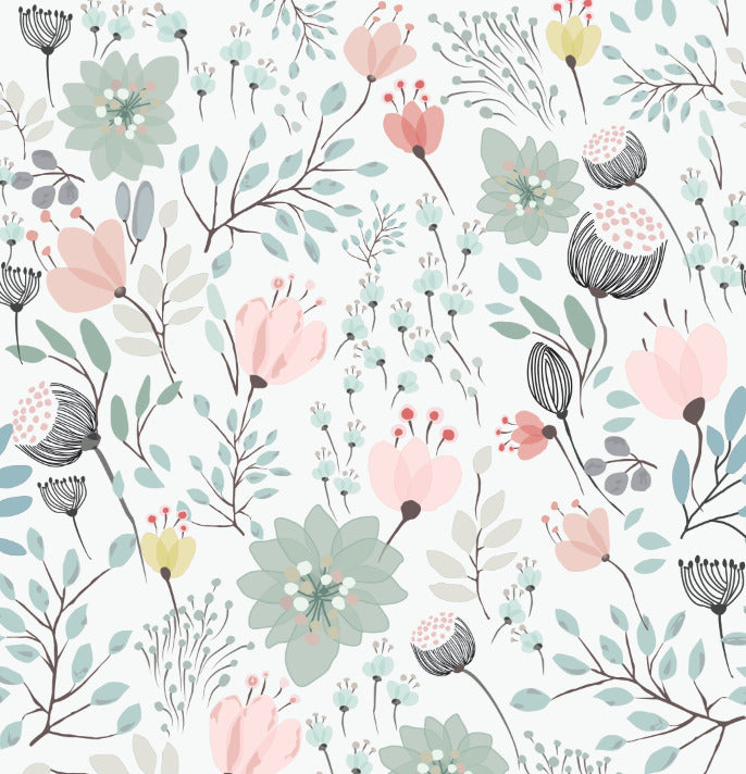 Soft Floral Wallpaper : Pink and Mint Blossom Pattern - View 2