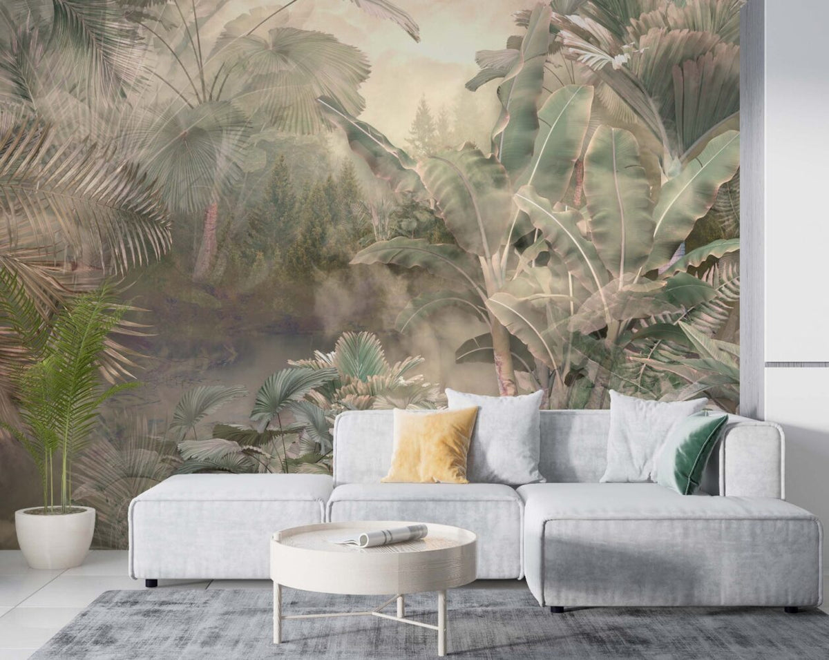 Misty Exotic Palm Wallpaper : Hazy Tropical Leaves Mural - View 3