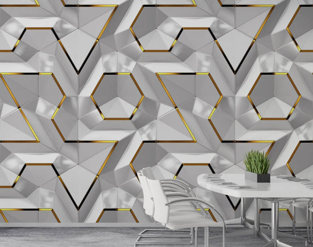 White 3D Hexagon Wallpaper : Gold Edge Geometric Mural - View 3