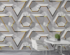 White 3D Hexagon Wallpaper : Gold Edge Geometric Mural - View 3