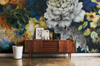 Dark Bouquet Wallpaper : Gold Navy Peony Flowers On Black Mural