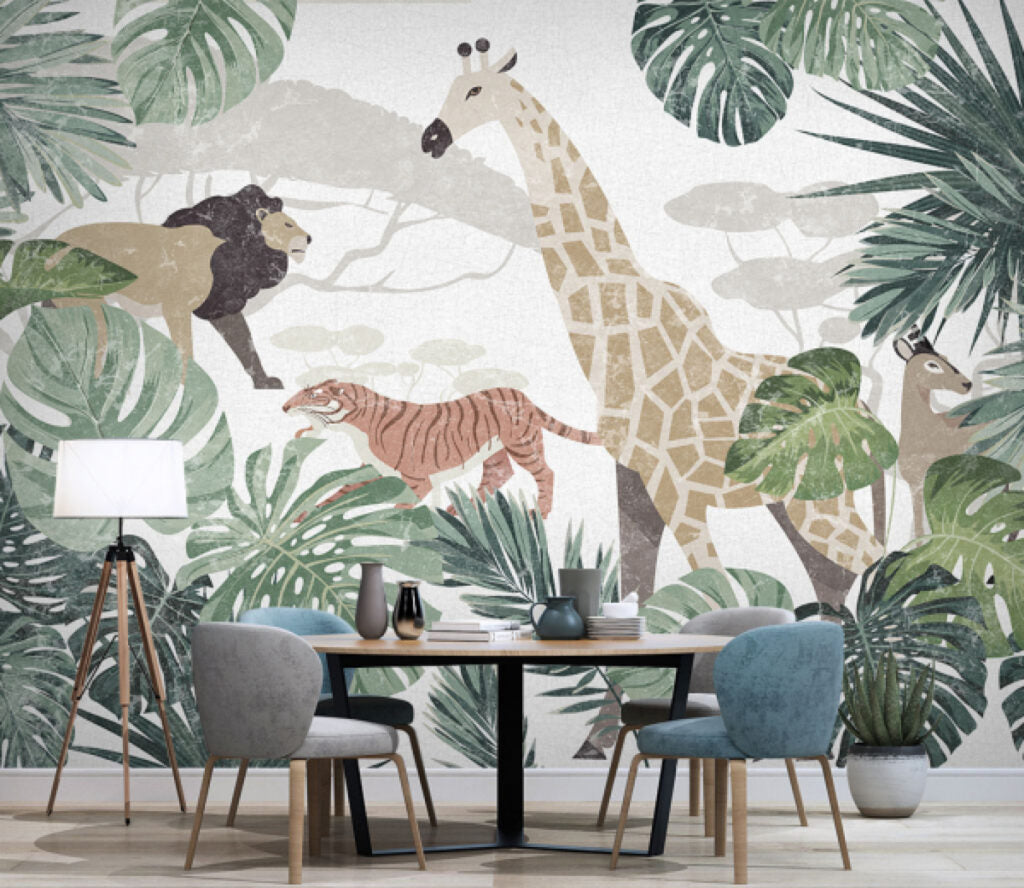 Soft Safari Kids Wallpaper : Pastel Tiger Giraffe Lion Jungle Mural