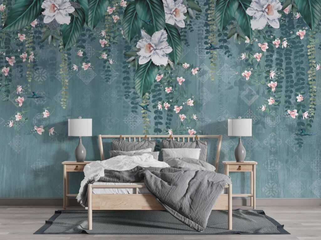 Hanging Orchid Wallpaper : Teal Vine and Pink Blossom Mural