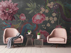 Red Peony Dark Wallpaper : Charcoal Oriental Bird Floral Mural