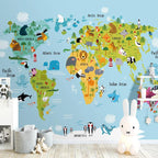 Colorful Animal World Map Wallpaper : Kids Cartoon Continents Mural - View 3