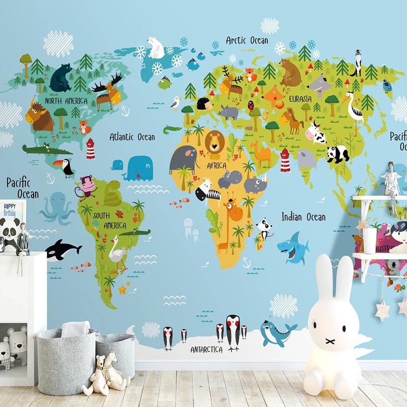 Colorful Animal World Map Wallpaper : Kids Cartoon Continents Mural - View 3