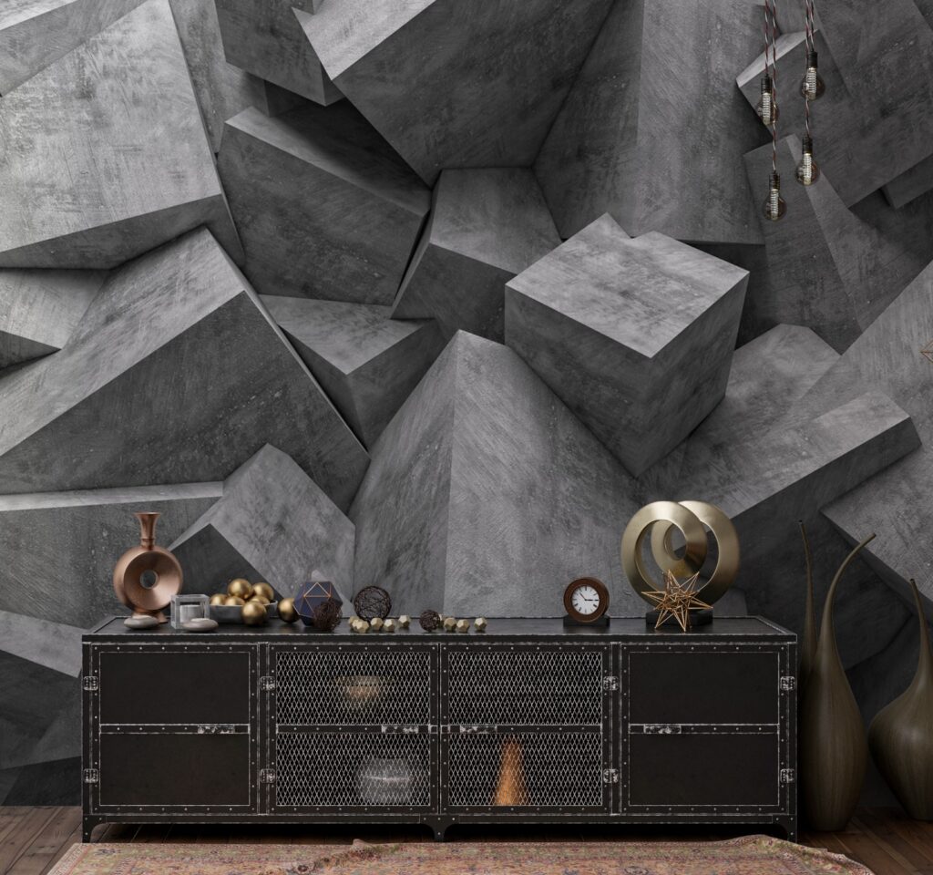 3D Concrete Cube Wallpaper : Grey Geometric Blocks Mural