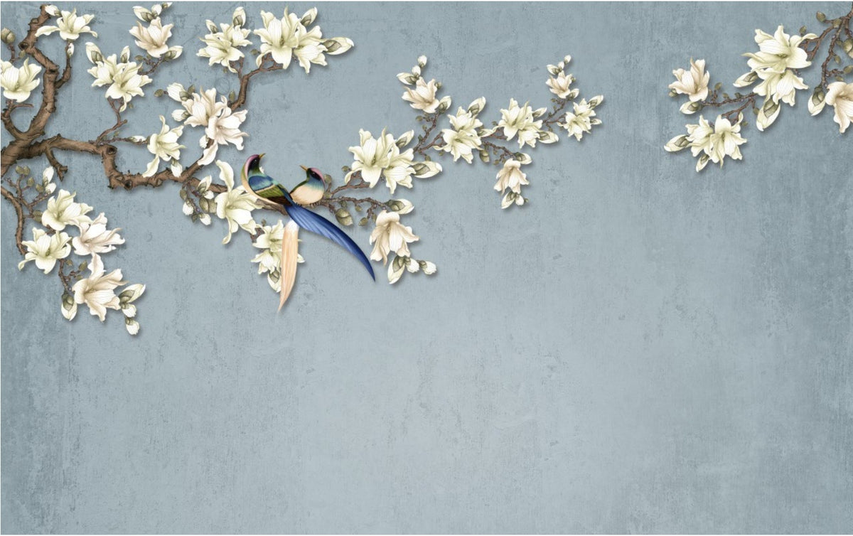 Magnolia Branch Birds Wallpaper : Blue Textured Floral Mural - View 2