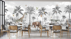 Monochrome Jungle Animals Wallpaper : Giraffe and Palm Sketch Mural - View 5
