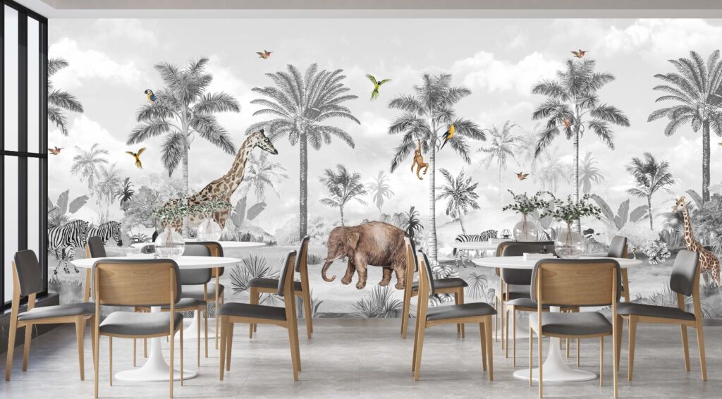 Monochrome Jungle Animals Wallpaper : Giraffe and Palm Sketch Mural - View 5