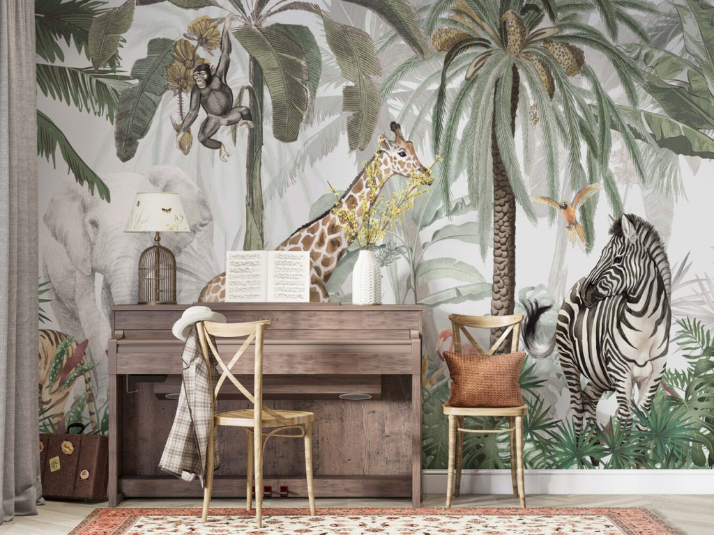 Giraffe Zebra Safari Wallpaper : Watercolor Jungle Mural