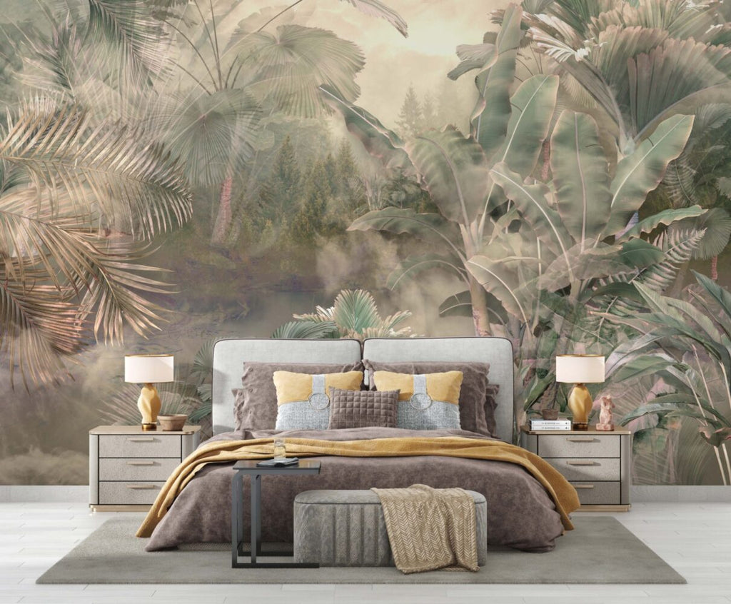 Misty Exotic Palm Wallpaper : Hazy Tropical Leaves Mural