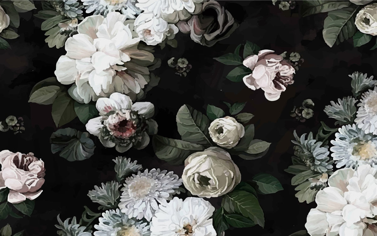 Dark White Rose Wallpaper : Moody Floral on Black Mural - View 2
