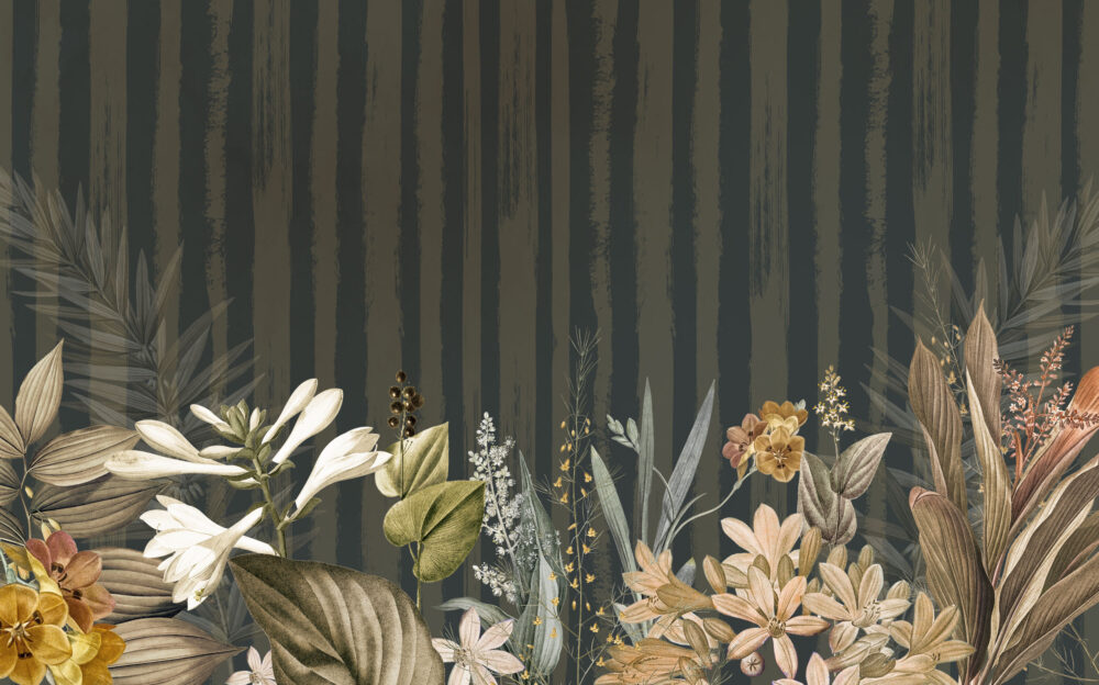 Dark Botanical Stripe Wallpaper : Wildflower Forest Mural - View 2