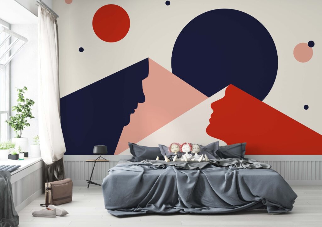 Mid-Century Mountain Wallpaper : Navy Red Abstract Mural