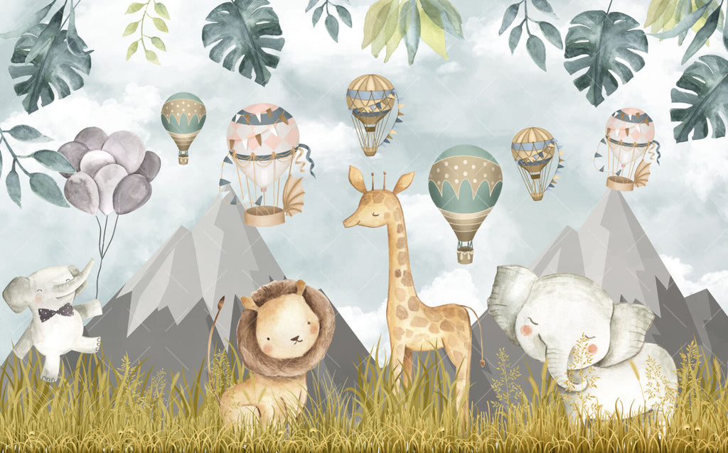 Hot Air Balloon Safari Wallpaper : Cute Animal Kids Mural - View 2