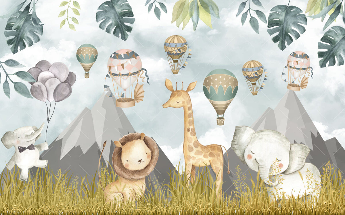 Hot Air Balloon Safari Wallpaper : Cute Animal Kids Mural - View 2