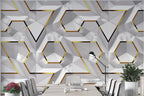 White 3D Hexagon Wallpaper : Gold Edge Geometric Mural - View 4