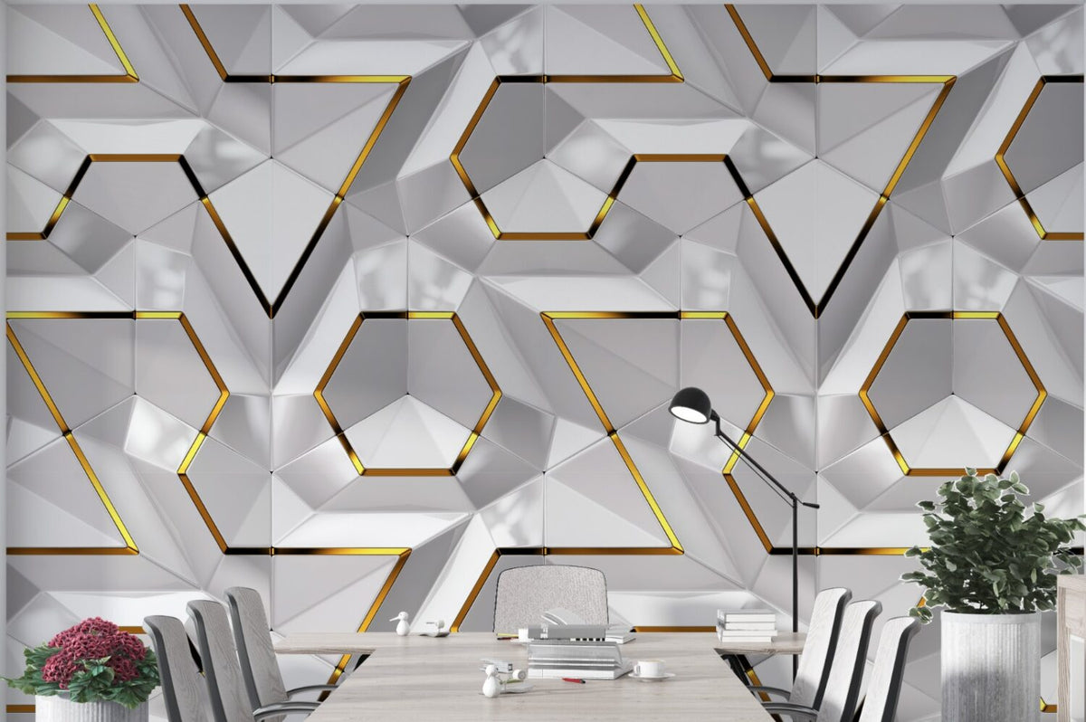 White 3D Hexagon Wallpaper : Gold Edge Geometric Mural - View 4