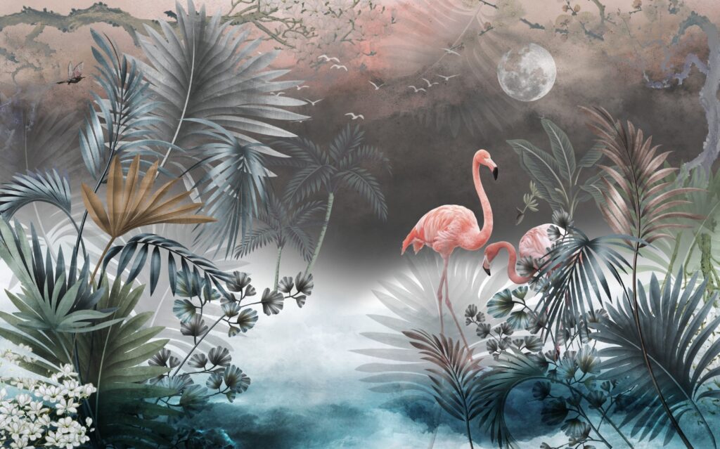 Flamingo Palm Wallpaper : Misty Grey Tropical Mural - View 2