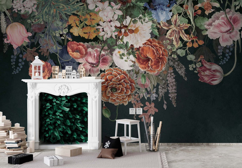 Dark Hanging Flowers Wallpaper : Rust Dahlia Cascade Mural - View 3