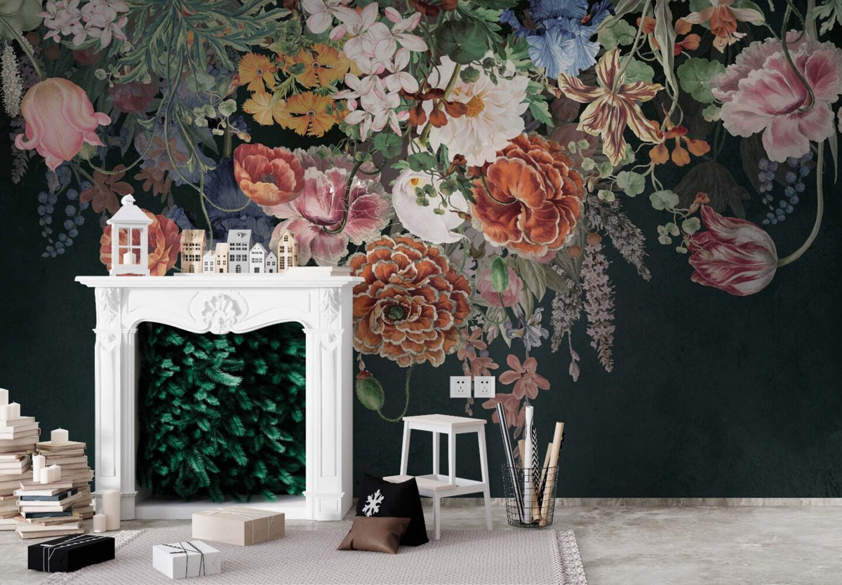 Dark Hanging Flowers Wallpaper : Rust Dahlia Cascade Mural - View 3