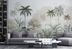Misty Tropical Garden Wallpaper : Soft Palm and Oak Landscape Mural - View 3