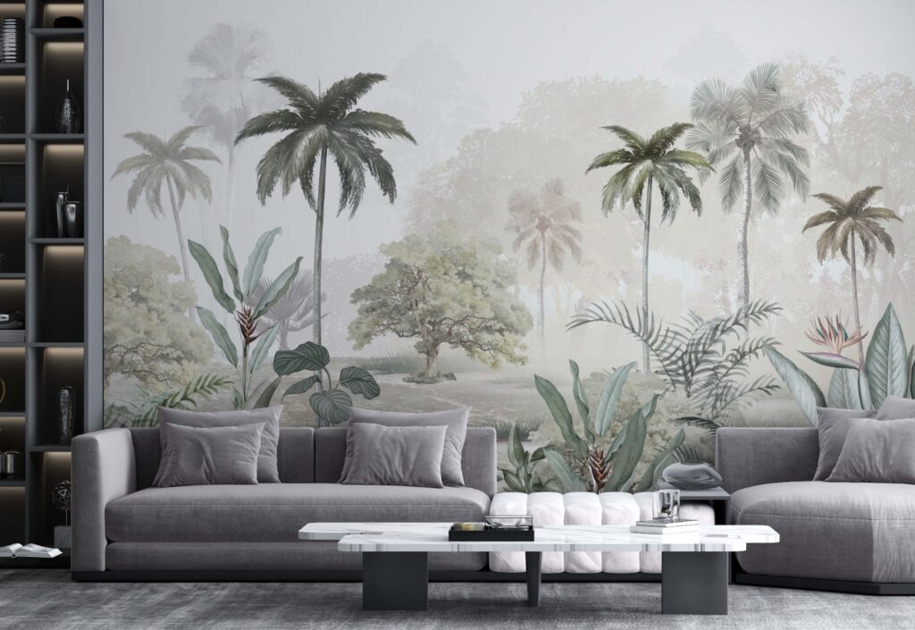 Misty Tropical Garden Wallpaper : Soft Palm and Oak Landscape Mural - View 3