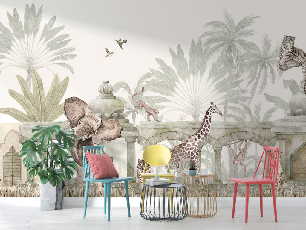 Ancient Ruins Safari Wallpaper : Soft Jungle Animal Mural - View 3