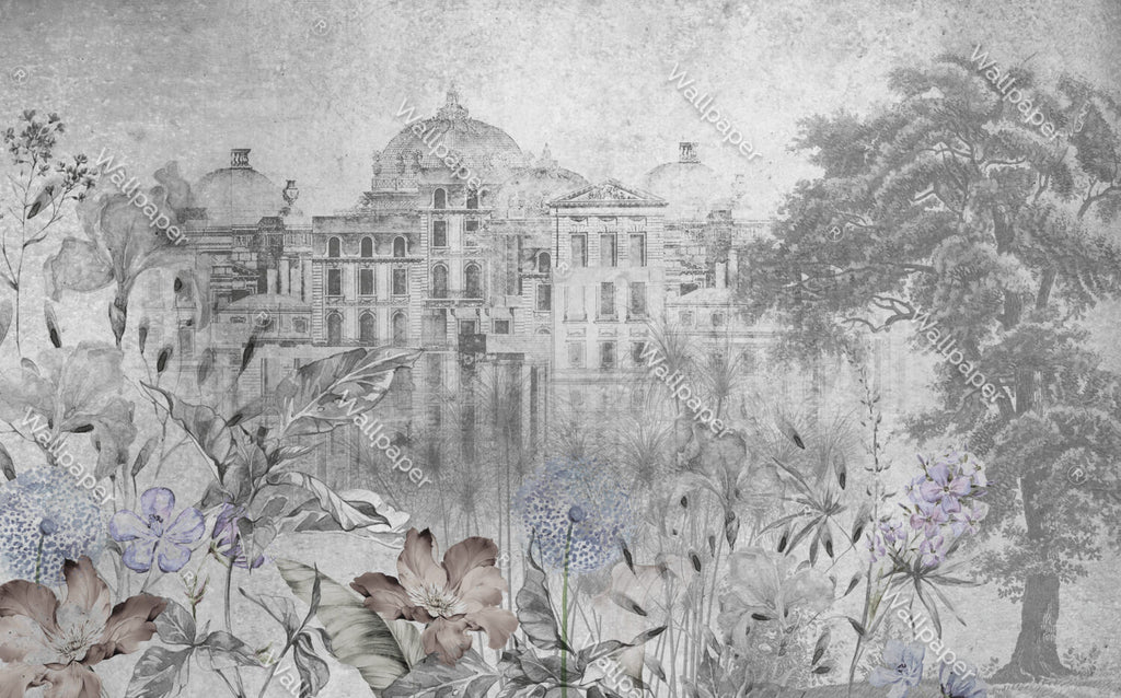 Faded Palace Garden Wallpaper : Grey Vintage Architecture Mural - View 2