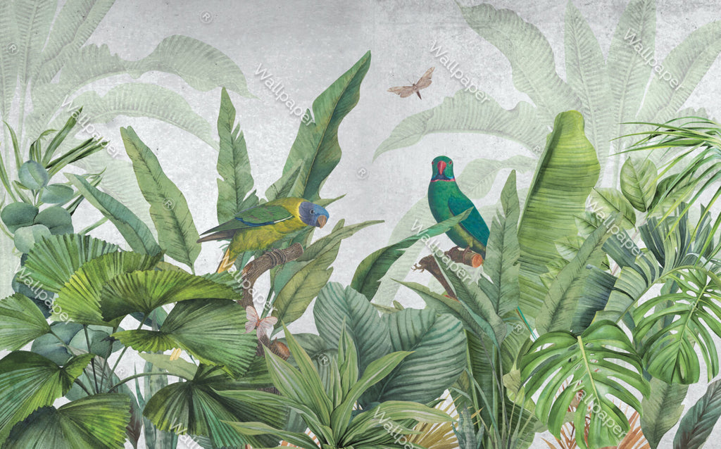 Tropical Parrot Wallpaper : Lush Banana Leaf Jungle Mural - View 2