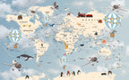 Blue Explorer World Map Wallpaper : Animals And Travel Kids Mural - View 2