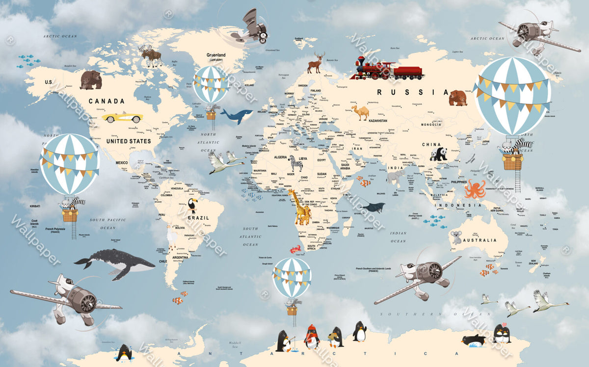 Blue Explorer World Map Wallpaper : Animals And Travel Kids Mural - View 2
