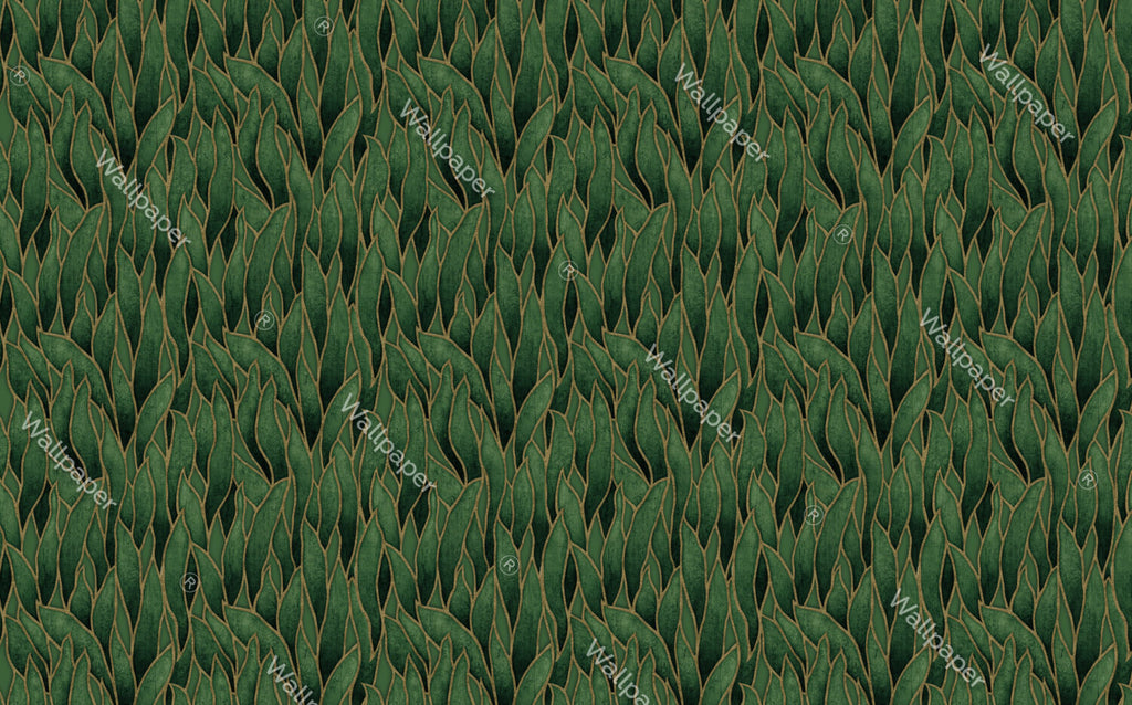 Green Leaf Wallpaper : Gold Outline Emerald Leaves Pattern - View 2