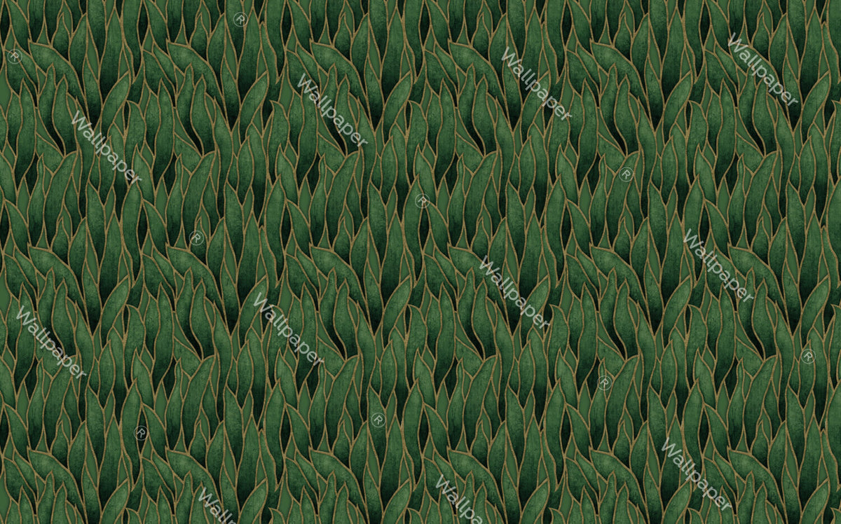 Green Leaf Wallpaper : Gold Outline Emerald Leaves Pattern - View 2