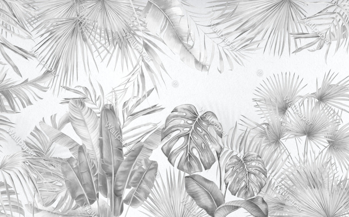 Black And White Monstera Wallpaper : Grey Tropical Leaf Mural - View 2