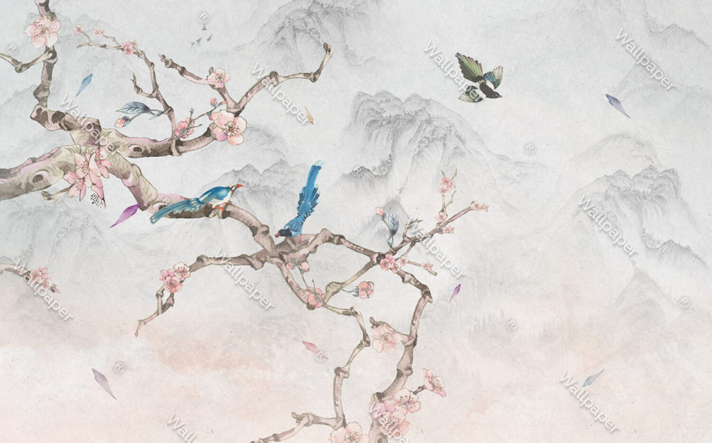 Bird On Branch Wallpaper : Blue Magpie And Blossom Mural - View 2