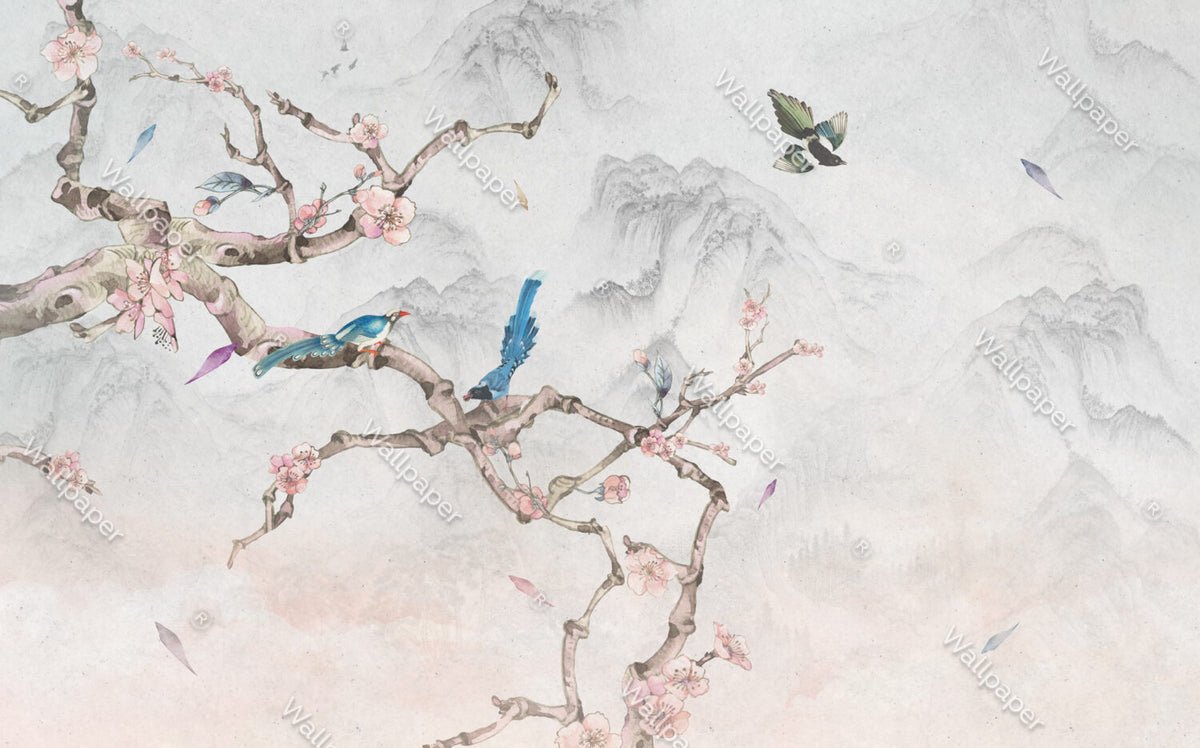 Bird On Branch Wallpaper : Blue Magpie And Blossom Mural - View 2