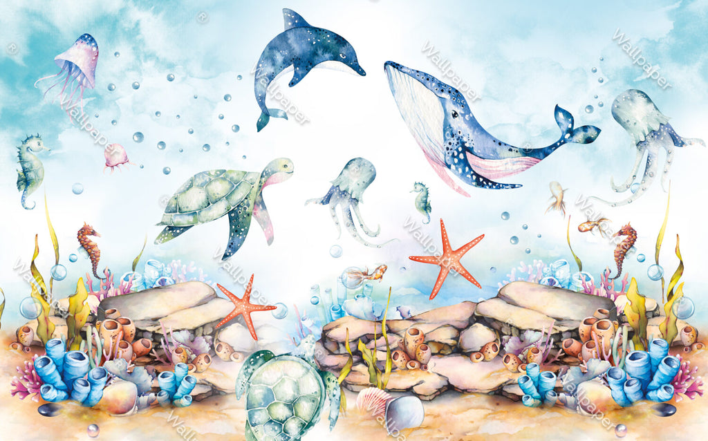 Watercolor Ocean Wallpaper : Whale And Octopus Kids Mural - View 2