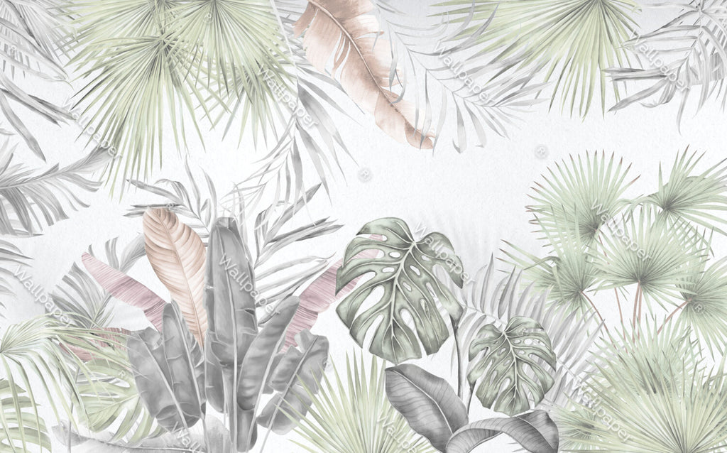Soft Sage Monstera Wallpaper : Pastel Tropical Leaf Mural - View 2