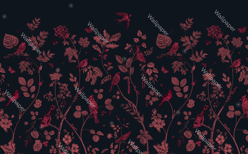Red Bird Wallpaper : Crimson Botanical On Navy Pattern - View 2