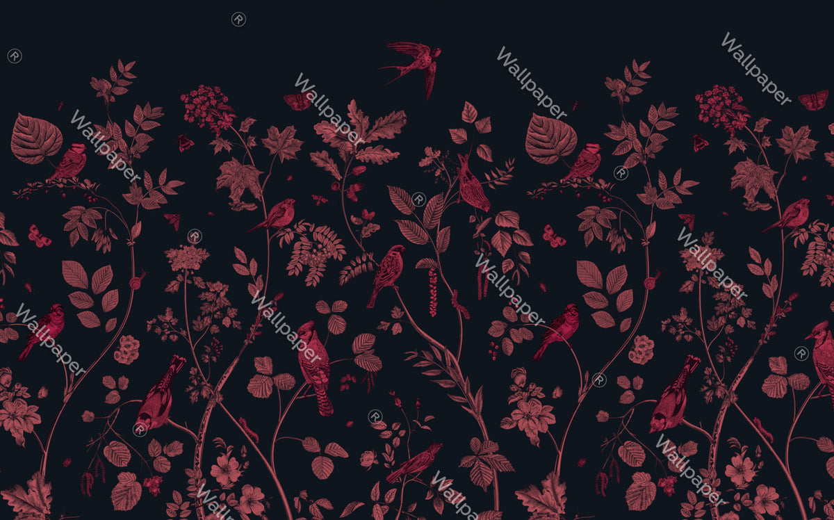 Red Bird Wallpaper : Crimson Botanical On Navy Pattern - View 2