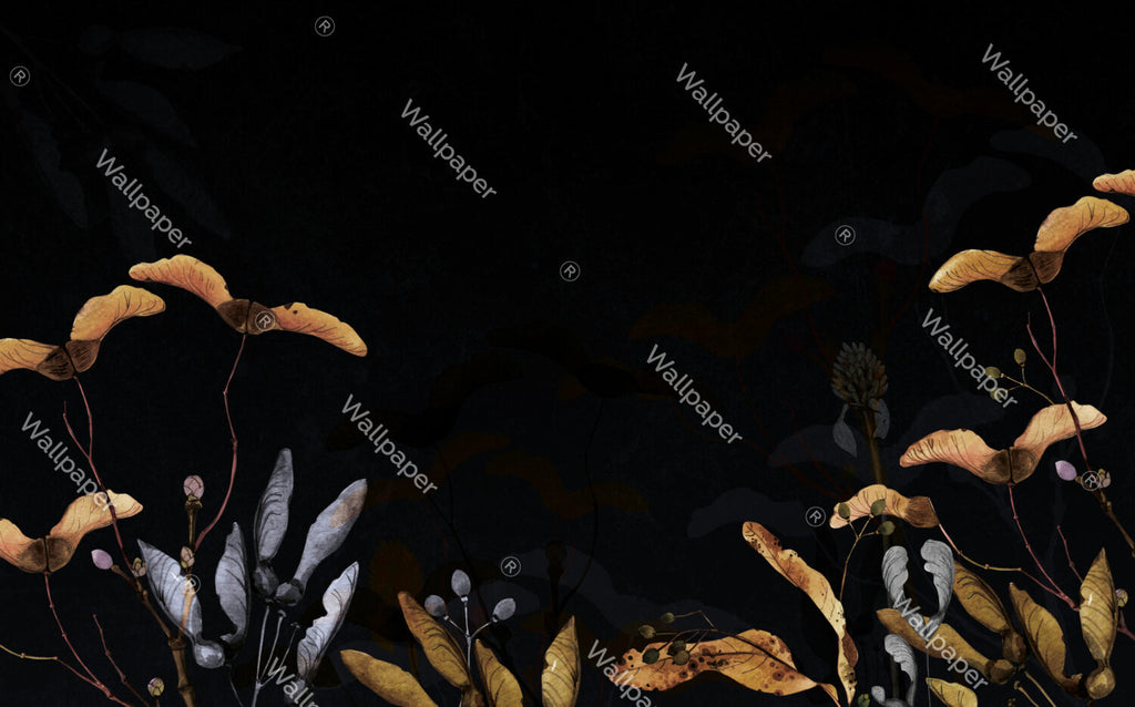 Black Gold Leaf Wallpaper : Dark Botanical Border Mural - View 2