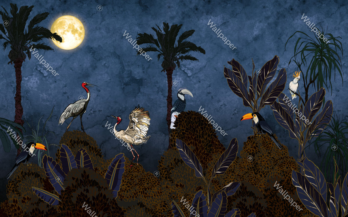 Moonlit Bird Wallpaper : Hornbill And Dark Jungle Mural - View 2