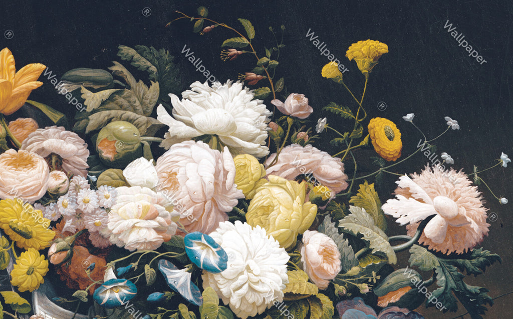 Dark Peony Wallpaper : Vintage Painted Roses And Peonies Mural - View 2