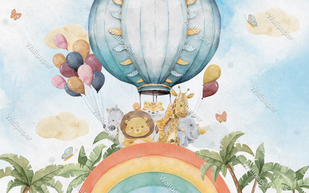 Rainbow Animals Wallpaper : Hot Air Balloon Safari Kids Mural - View 2